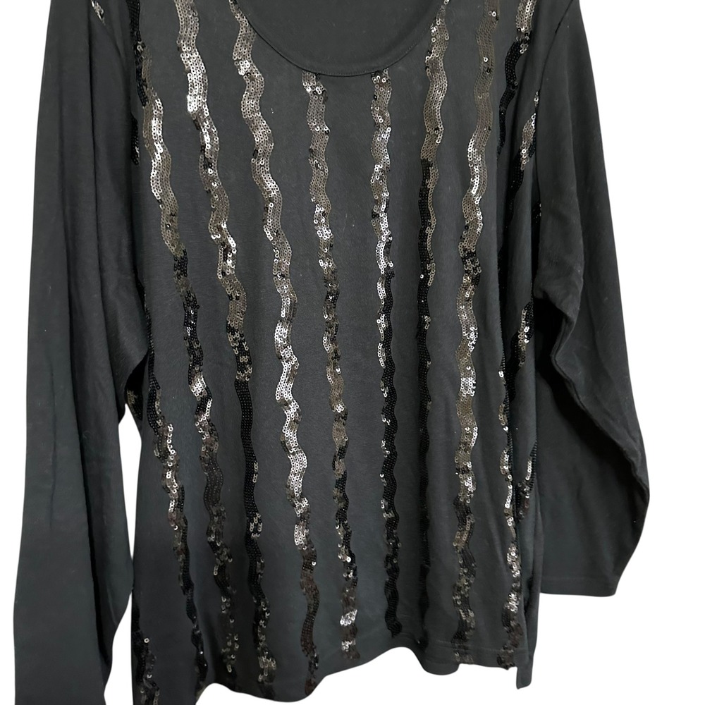 Quacker Factory Womens Black Long Sleeve Sequined Wavy Stripe Top 3X Whimsigoth - Picture 3 of 7
